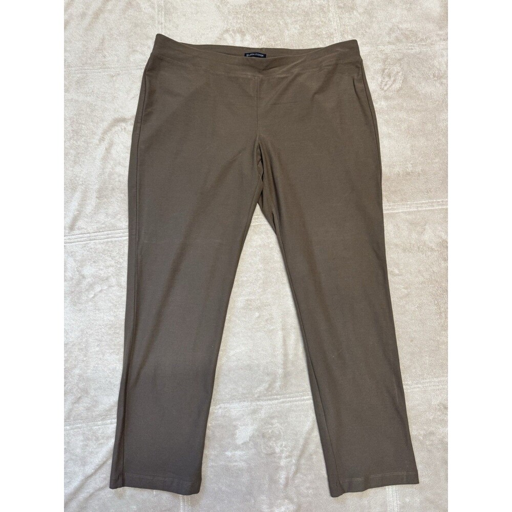 Eileen Fisher Brown Elastic Waist Slim Cropped Straight Fit Crepe Pants Large